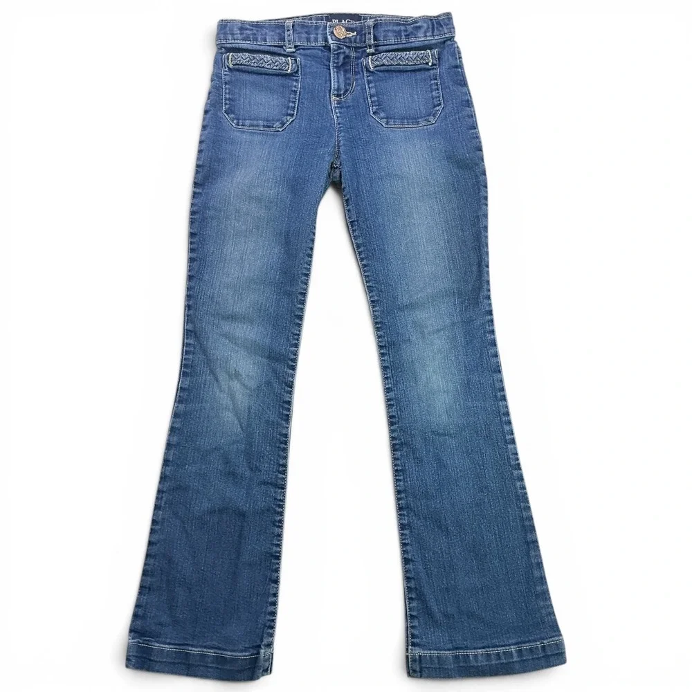 The Children's Place Blue Flare Jeans Kids Sz 10 Braided Pocket Adjustable Waist